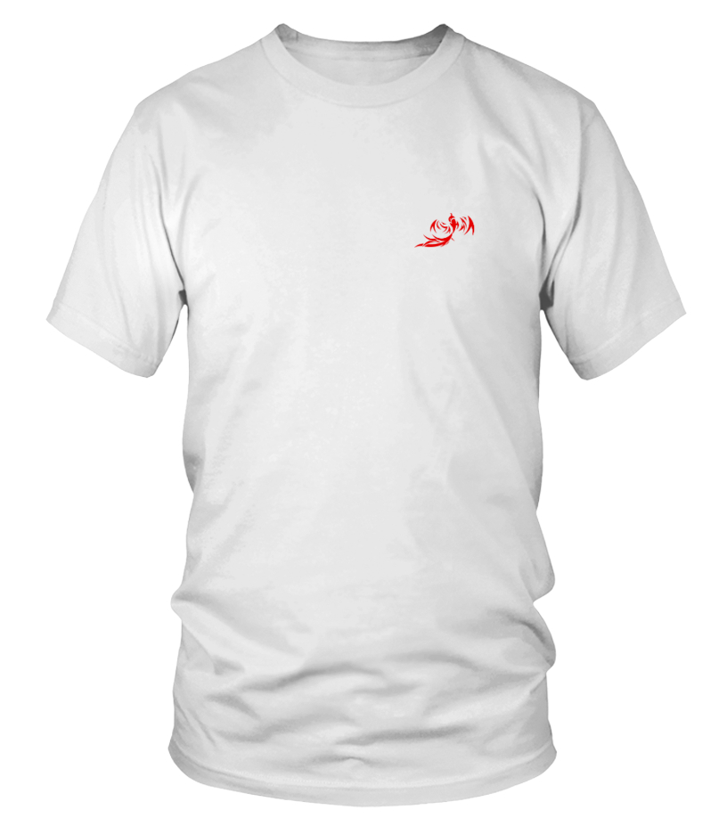 white tee red writing